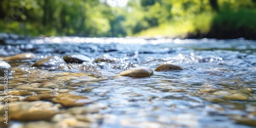 Serene river view with clear water flowing over smooth stones in a lush green landscape.