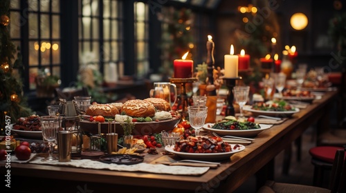 A Christmas feast presented on a tastefully decorated table, surrounded by seasonal decor and warm lighting, perfect for holiday celebrations.