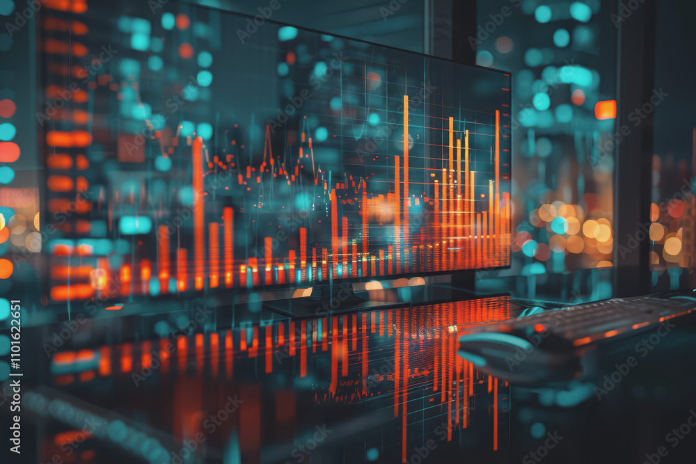Stock market graph on background with desk and personal computer financial analysis concept. Stock market graph on background with desk and personal computer financial analysis concept.