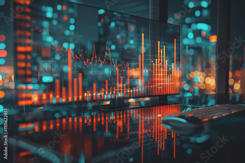 Stock market graph on background with desk and personal computer financial analysis concept.