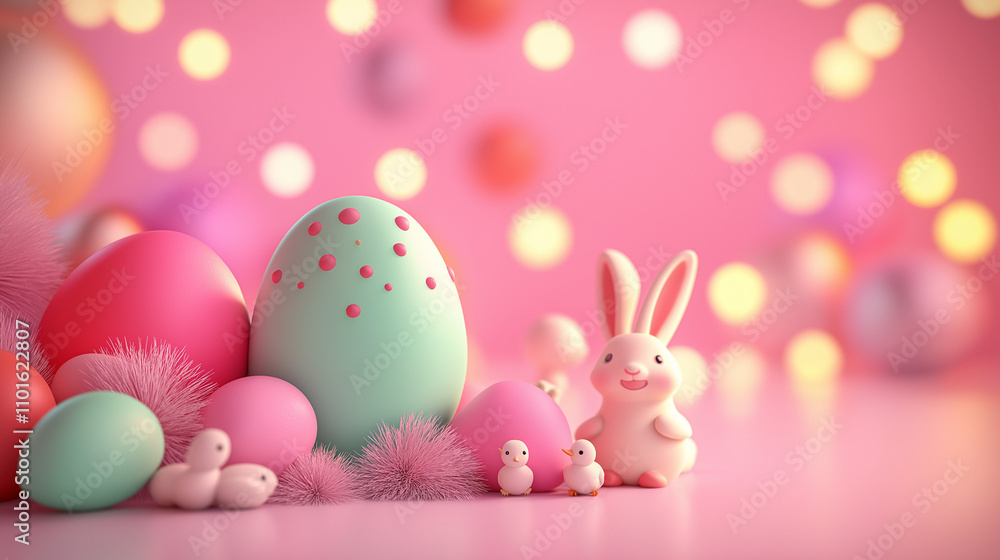 A creative Easter egg design against a glowing pink background, with spring grass, flowers, and little rabbits and ducks. There's plenty of copy space for text, ideal for Easter-themed designs. A creative Easter egg design against a glowing pink background, with spring grass, flowers, and little rabbits and ducks. There's plenty of copy space for text, ideal for Easter-themed designs.