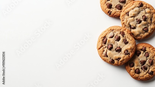 Golden brown chocolate chip cookies arranged on a clean white background, showcasing their crispy edges and soft centers, ideal for dessert lovers.