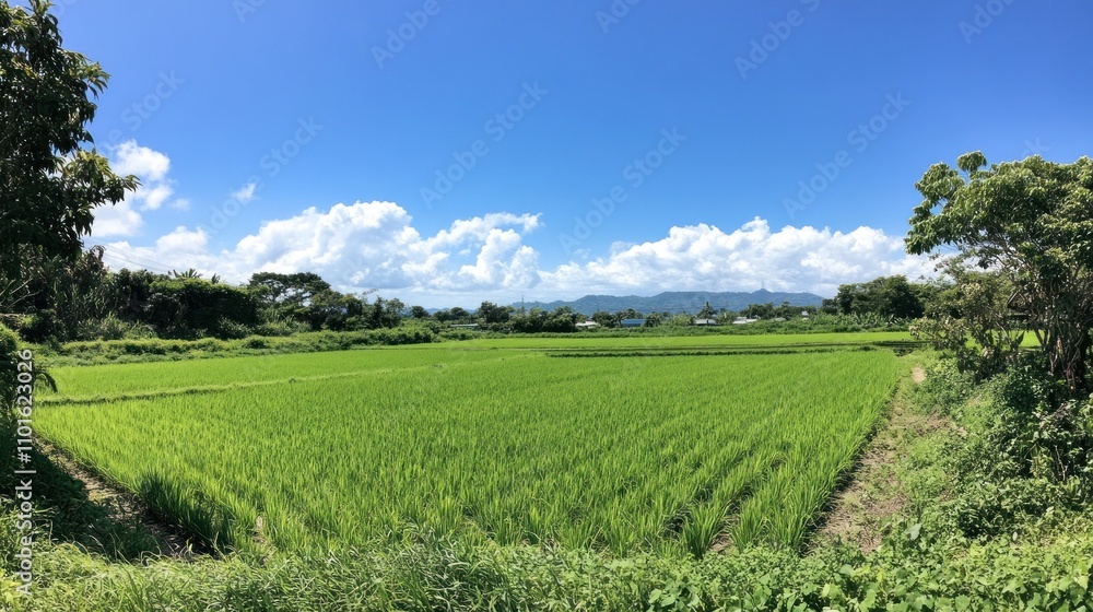 A sunny day over a lush, neatly arranged rice paddy field, with green rows extending towards the horizon under a bright blue sky, capturing the beauty and simplicity of rural life. A sunny day over a lush, neatly arranged rice paddy field, with green rows extending towards the horizon under a bright blue sky, capturing the beauty and simplicity of rural life.