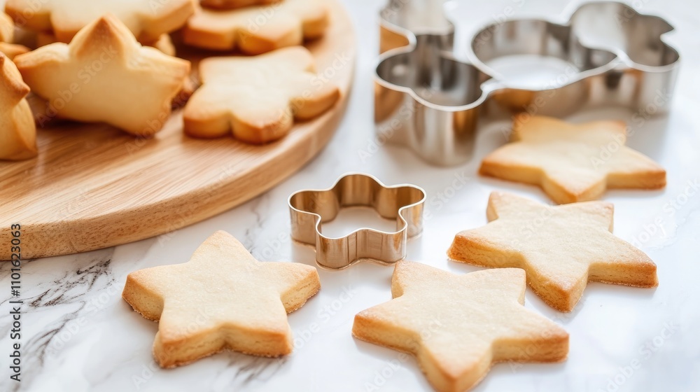 Holiday baking scene with star-shaped cookies and metal cookie cutters on a marble countertop, emphasizing festive homemade treats and cheerful celebrations. Holiday baking scene with star-shaped cookies and metal cookie cutters on a marble countertop, emphasizing festive homemade treats and cheerful celebrations.