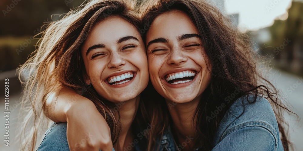 Two joyful friends share a bright moment, embracing and smiling with happiness.
