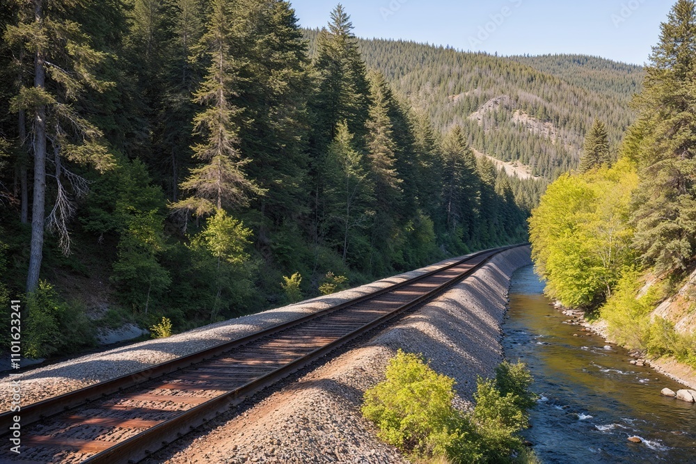 Fototapeta premium Scenic Nature Travel with Forest Trees and Rivers by Railroad Tracks