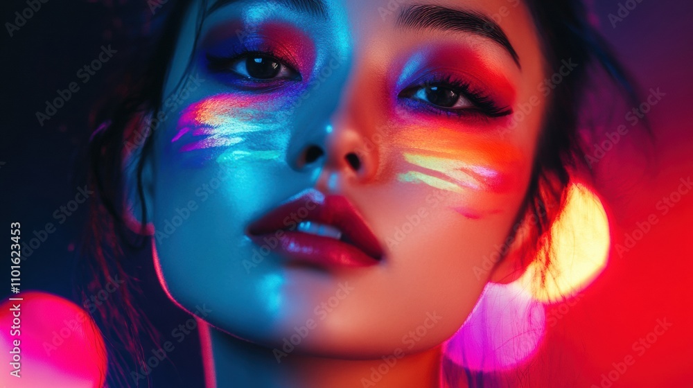 An Asian woman with artistic makeup, featuring a bold, colorful design around her eyes, her face illuminated by bright studio lights, capturing her creative and expressive look An Asian woman with artistic makeup, featuring a bold, colorful design around her eyes, her face illuminated by bright studio lights, capturing her creative and expressive look