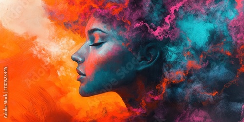 Vibrant illustration of a woman with colorful, swirling mindscapes of creativity. photo