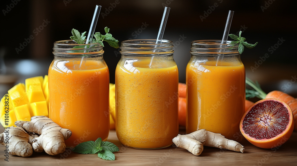 Retinol Juice in a Glass Jar Surrounded by Fresh Fruits Retinol Juice in a Glass Jar Surrounded by Fresh Fruits