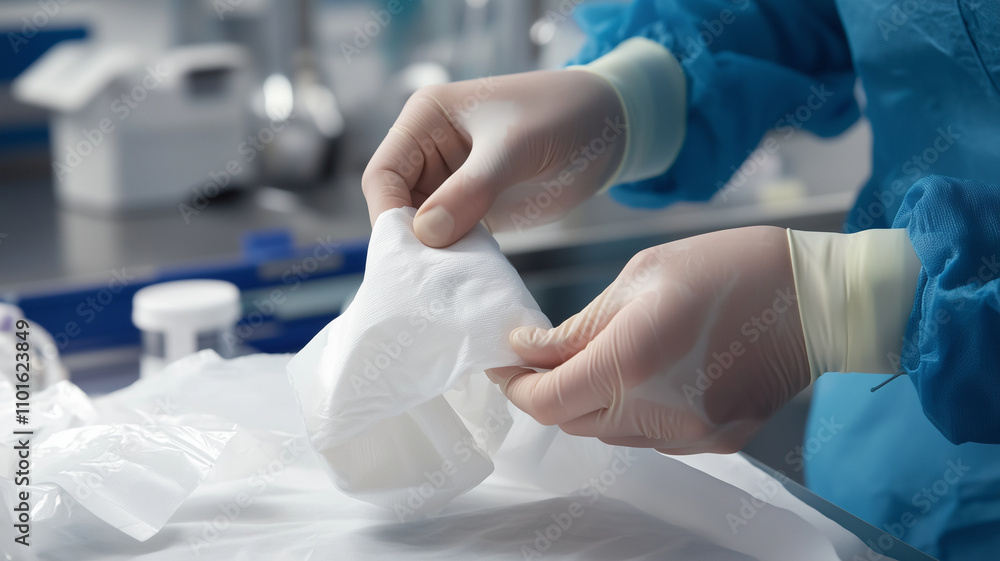 Fototapeta premium macro shot of hands carefully unwrapping sterile dressing in medical environment, showcasing precision and attention to hygiene