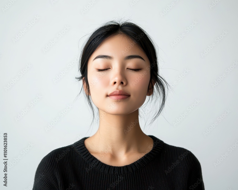 Portrait of an Asian woman with closed eyes, subtle smile, against a stark white background, emanating quiet strength Portrait of an Asian woman with closed eyes, subtle smile, against a stark white background, emanating quiet strength