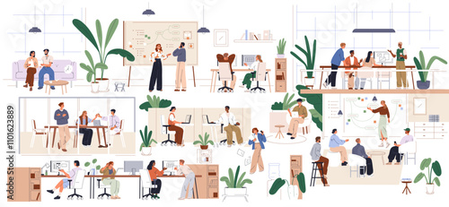 Business team in office interior, modern professional corporate environment, workspace. Colleagues, work time lifestyle. Workplace scenes. Flat vector illustration isolated on white background