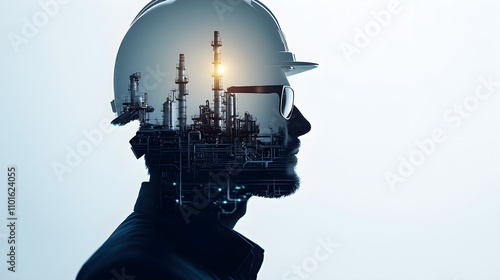Innovative Double Exposure of Silhouetted Worker with Industrial Scene Representing Modern Solutions