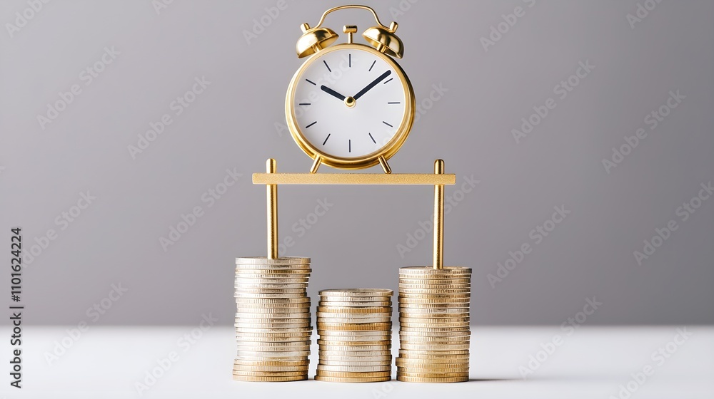Balanced Golden Alarm Clock on Stacks of Coins Representing Time and Wealth Management Concept Balanced Golden Alarm Clock on Stacks of Coins Representing Time and Wealth Management Concept