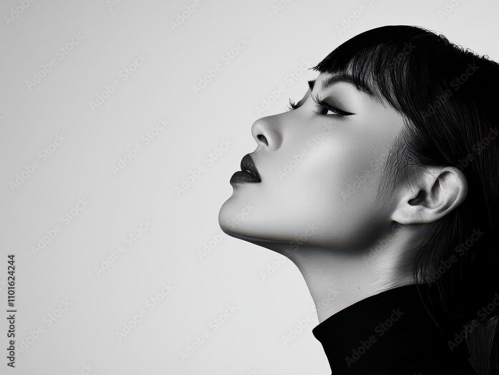 Fototapeta premium Profile of an Asian woman with a fierce expression, sleek white background, embodying power and grace