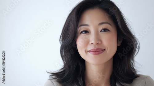 Closeup of Asian woman smiling softly, radiating warmth and inner power, isolated on a pure white background