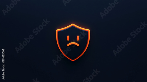 The Cyberbullying with anonymity concept. Shield icon with a sad face in glowing orange on a dark background.