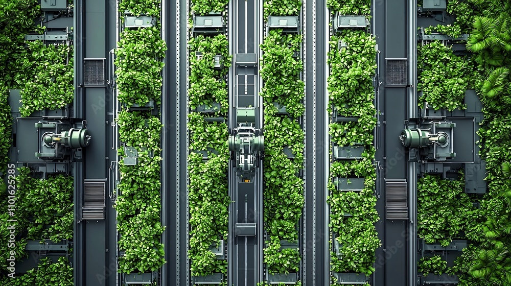 Robotic Arms Handling Goods in a Futuristic Green Warehouse Robotic Arms Handling Goods in a Futuristic Green Warehouse