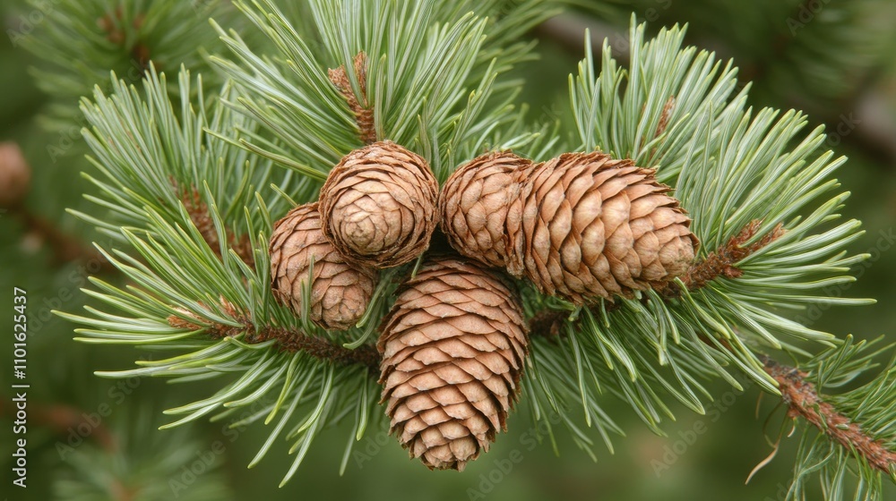 Close-up of a pine branch showcasing vibrant green needles and several mature, textured cones nestled among the foliage.