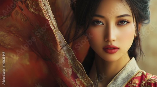 An Asian woman with elegant, radiant features in a traditional silk outfit, her serene expression highlighted by the intricate patterns of the fabric and soft light falling on her face photo