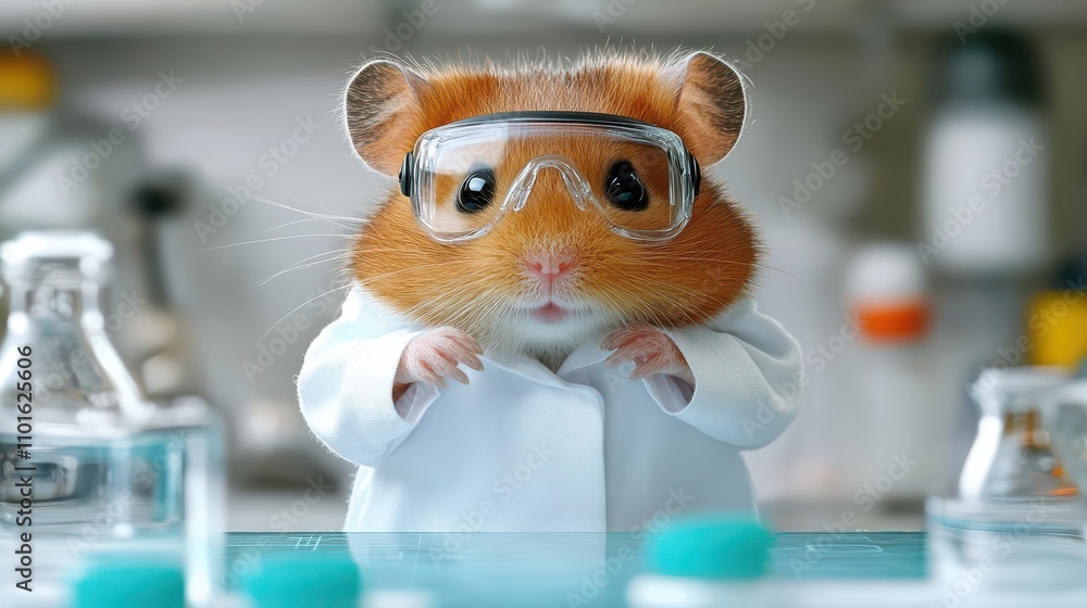 A Cute Hamster Scientist in Lab Coat and Goggles Performs Experiments in a Laboratory Setting A Cute Hamster Scientist in Lab Coat and Goggles Performs Experiments in a Laboratory Setting