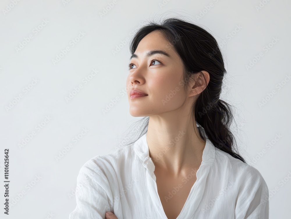 Thoughtful Asian woman looking into the distance, pure white backdrop, capturing strength through introspection and calm Thoughtful Asian woman looking into the distance, pure white backdrop, capturing strength through introspection and calm