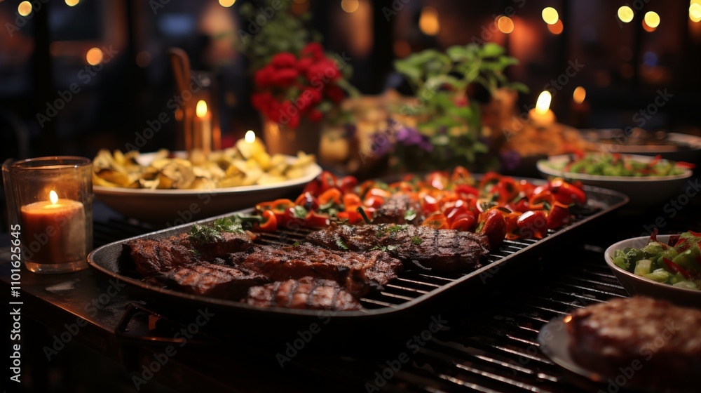 A close-up of a 4th of July barbecue with friends grilling and enjoying the food, with patriotic decorations and a lively atmosphere. A close-up of a 4th of July barbecue with friends grilling and enjoying the food, with patriotic decorations and a lively atmosphere.