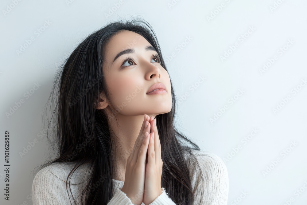 Asian woman in a meditative pose, hands resting gently, serene white background, representing inner strength and peace Asian woman in a meditative pose, hands resting gently, serene white background, representing inner strength and peace