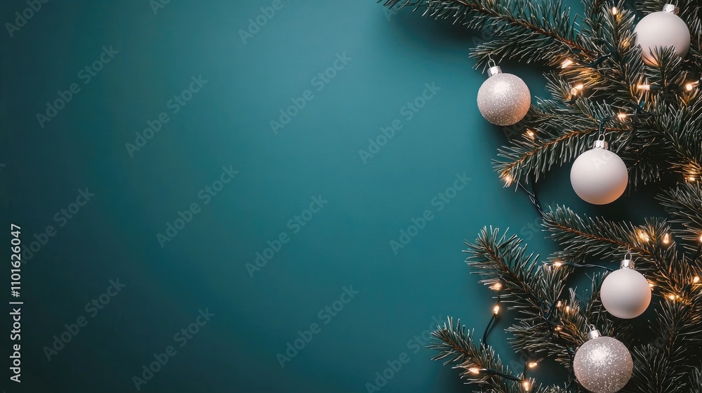 Elegant teal holiday backdrop featuring a pine branch with white ornaments and warm string lights, creating a festive and cozy atmosphere. Elegant teal holiday backdrop featuring a pine branch with white ornaments and warm string lights, creating a festive and cozy atmosphere.