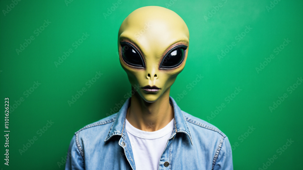 Trendy Alien in Denim: UFO Mask Meets Urban Fashion for Sci-Fi Marketing and Space-Themed Promotions Trendy Alien in Denim: UFO Mask Meets Urban Fashion for Sci-Fi Marketing and Space-Themed Promotions