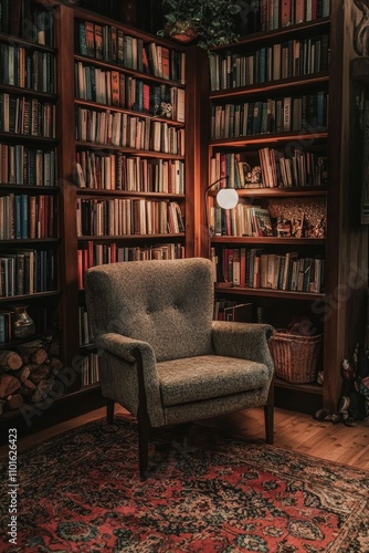 Cozy armchair in a book-filled library.