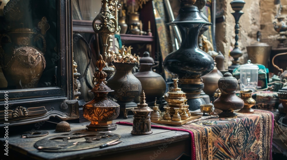 Ornate antique brass vases and decorative items on display Ornate antique brass vases and decorative items on display