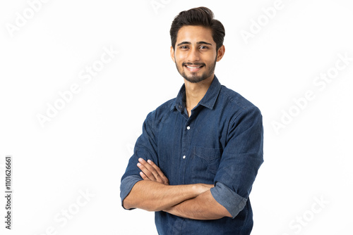 Smiling handsome Asian man in casual green shirt and looking at camera studio shot isolated on white background
