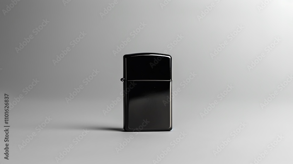 A sleek black lighter stands upright against a minimalistic background, showcasing its design and functionality.
