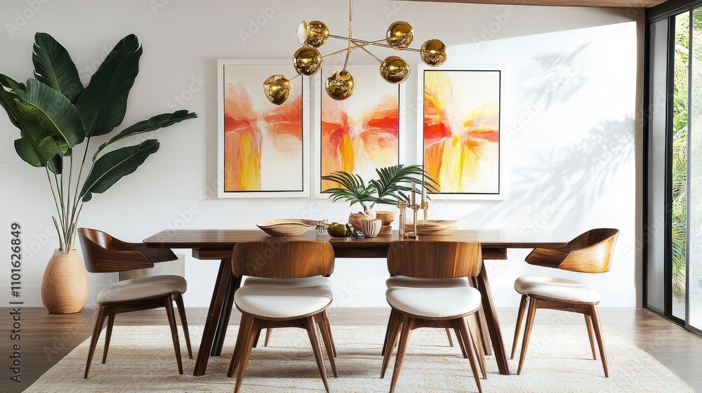 Mid-century modern dining room with a warm, inviting atmosphere. A stylish wooden dining table is set with six chairs, complemented by abstract artwork and a statement light fixture. Mid-century modern dining room with a warm, inviting atmosphere. A stylish wooden dining table is set with six chairs, complemented by abstract artwork and a statement light fixture.