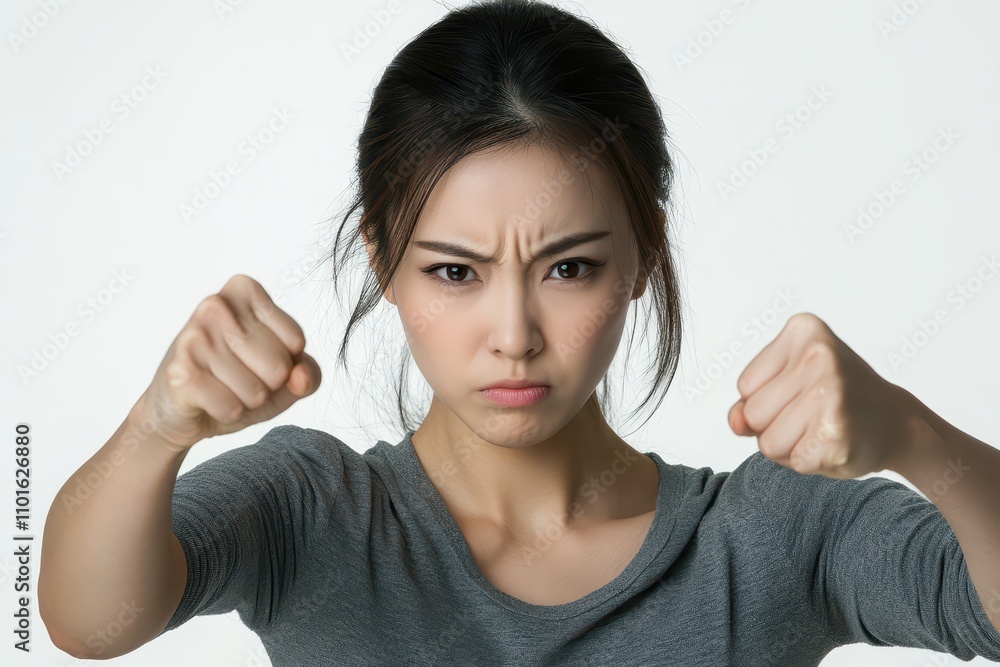 Asian woman with clenched fists, head tilted slightly upward, strong emotion captured on white background Asian woman with clenched fists, head tilted slightly upward, strong emotion captured on white background