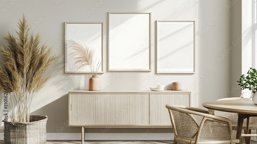 Neutral-toned living room with three empty frames above a light wood sideboard. A large pampas grass arrangement sits in a woven basket, adding texture to the serene space. Neutral-toned living room with three empty frames above a light wood sideboard. A large pampas grass arrangement sits in a woven basket, adding texture to the serene space.