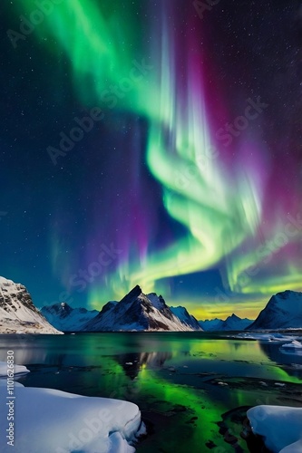 landscape with snow aurora and mountains
