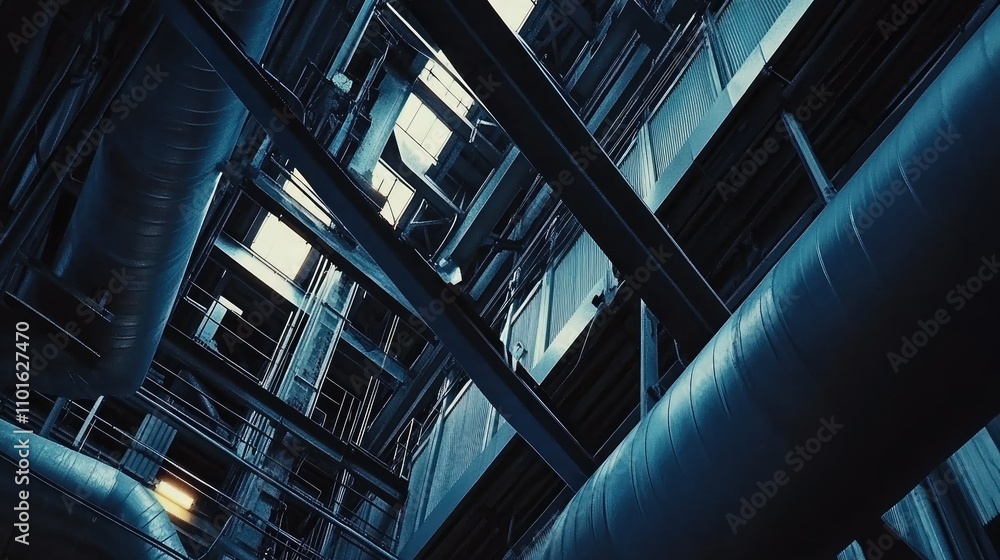 Close-up of a complex network of ducts in a modern industrial building, showcasing detailed design and metalwork in a high-ceiling factory. Close-up of a complex network of ducts in a modern industrial building, showcasing detailed design and metalwork in a high-ceiling factory.