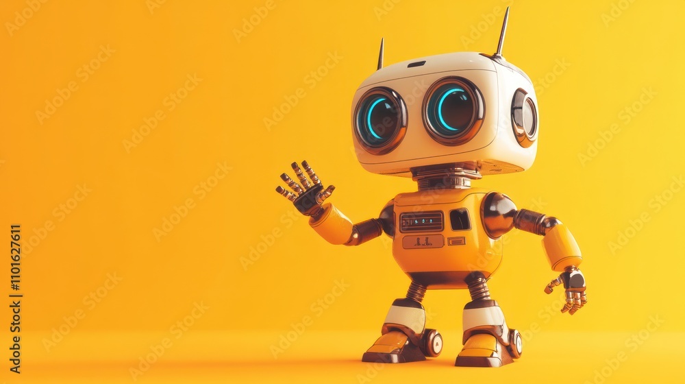 Friendly Yellow Robot Waves Hello Against Orange Background Friendly Yellow Robot Waves Hello Against Orange Background
