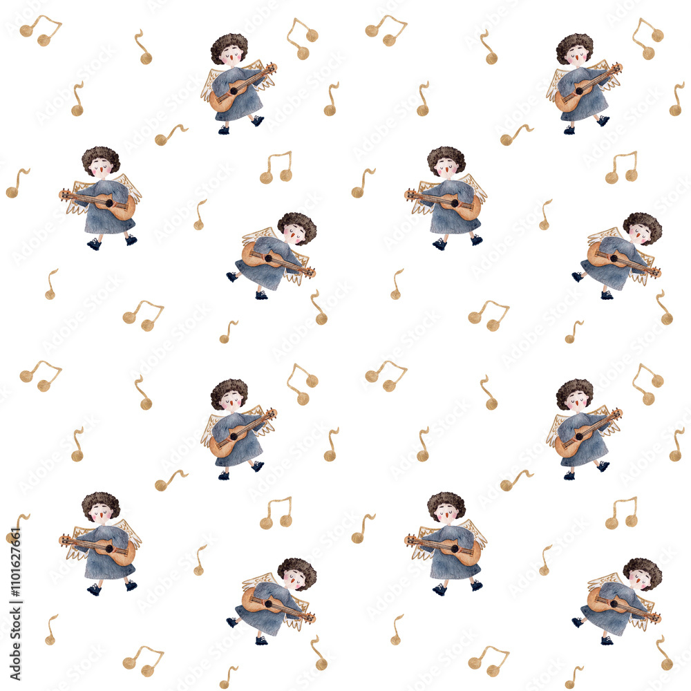 Naklejka premium Seamless pattern featuring a charming angel playing a guitar. The whimsical design combines celestial elegance with musical themes, making it perfect for holiday decor, greeting cards, or fabric prin