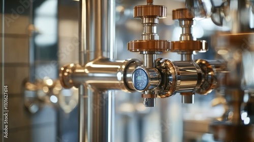 Close-up of a high-tech piping system with shiny metal pipes and advanced valves, set against a clean, sterile industrial backdrop.