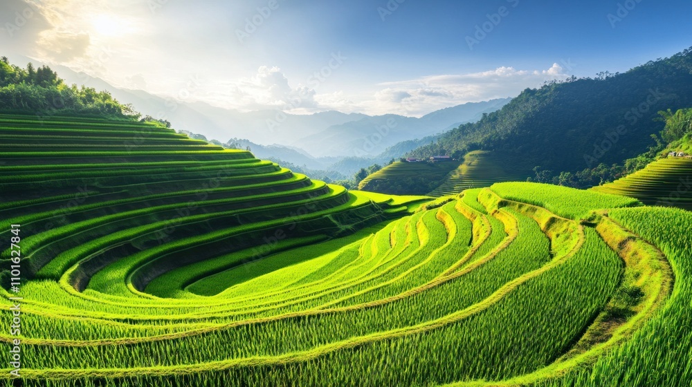 A vibrant rice paddy field with lush green rows stretching into the horizon under a clear, sunny sky. The neat alignment of the rows creates a sense of peaceful order against the bright blue backdrop. A vibrant rice paddy field with lush green rows stretching into the horizon under a clear, sunny sky. The neat alignment of the rows creates a sense of peaceful order against the bright blue backdrop.