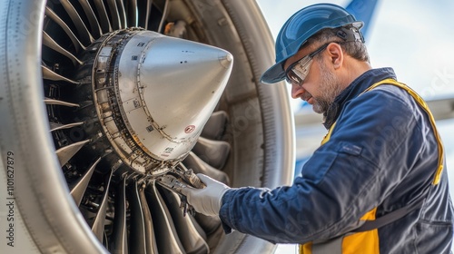 Close-up of an aircraft technician inspecting the airplane s engine, ensuring safety before takeoff photo