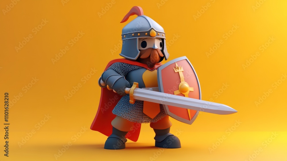 Cartoon Knight Stands Ready With Sword and Shield Cartoon Knight Stands Ready With Sword and Shield