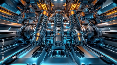 A view inside a car engine with exposed valve springs, camshaft, and connecting rods. The metal components and careful layout show the fine details of automotive engineering. photo