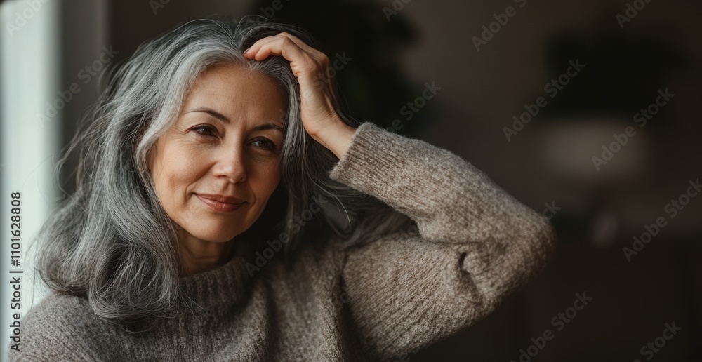 Woman with long gray hair reflects thoughtfully indoors Woman with long gray hair reflects thoughtfully indoors