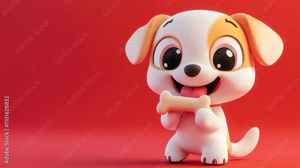 Adorable Cartoon Puppy Holding A Bone Against Red Background Adorable Cartoon Puppy Holding A Bone Against Red Background