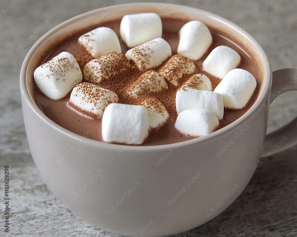 A cup of hot chocolate topped with marshmallows and a dusting of cinnamon powder A cup of hot chocolate topped with marshmallows and a dusting of cinnamon powder