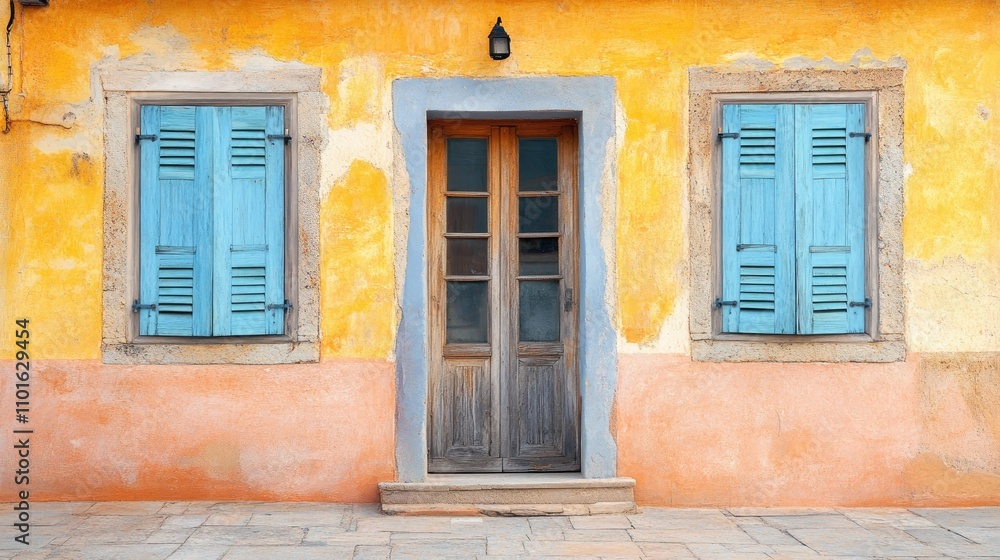 Vibrant Mediterranean architecture showcasing rustic walls, blue wooden shutters, and a charming wooden door in a sunlit village setting. Vibrant Mediterranean architecture showcasing rustic walls, blue wooden shutters, and a charming wooden door in a sunlit village setting.